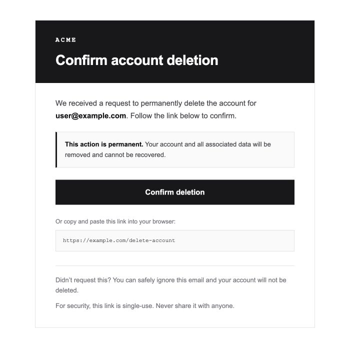 Better Auth Delete Account email preview